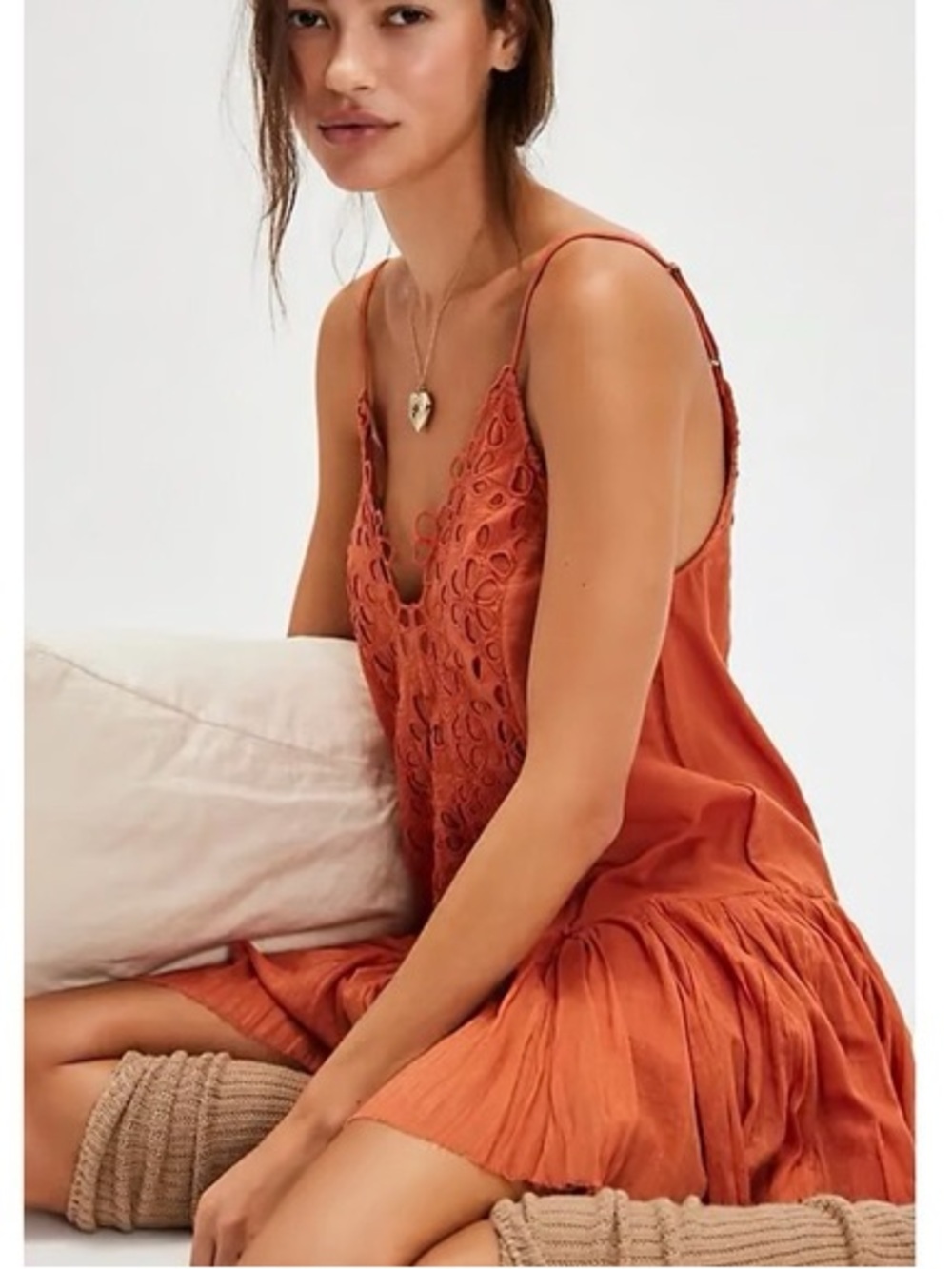 Free People FP One Casella Drop Waist Embroidered Slip Mini Dress in Rust